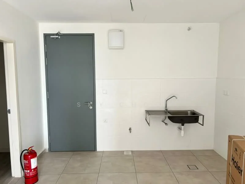 Laundry features: grey door, white painted walls, tile flooring, sink with wall-mounted faucet, fire extinguisher, drainage outlet, light fixture, wall-mounted unit, empty space for appliances.