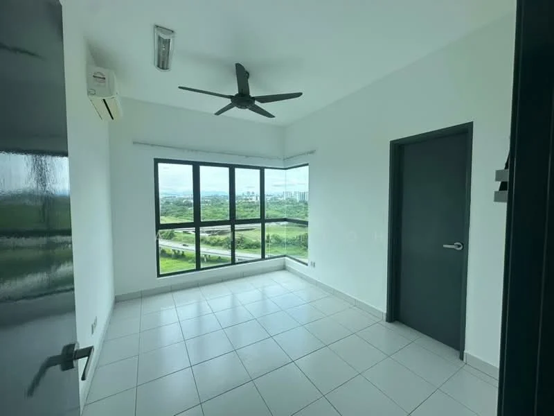 Room features: white painted walls, grey tiled flooring, 5-blade ceiling fan, floor-to-ceiling windows, black window frames, air conditioning unit, view of greenery, natural light; style: modern; view: garden.