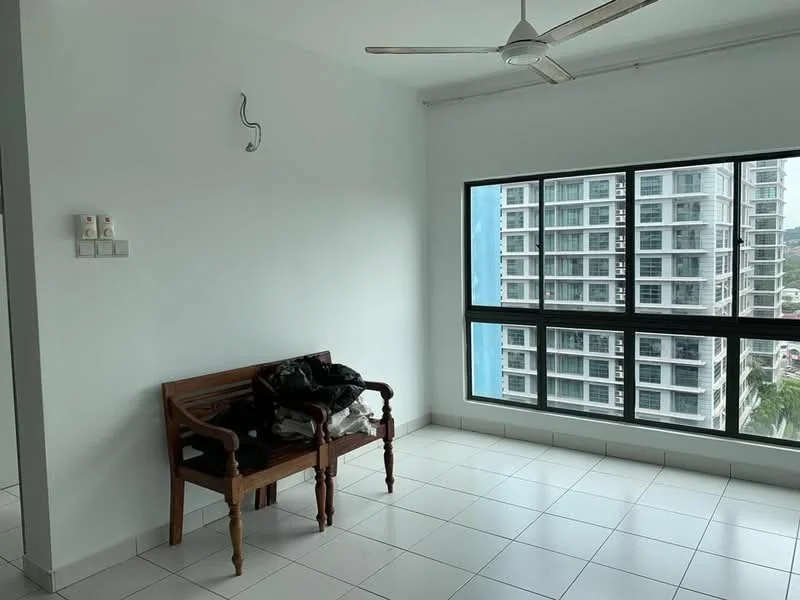 Room features: white painted walls, white tiled flooring, ceiling fan, large windows, black window frames, bench seating, natural light, view of exterior buildings; style: modern; view: city.