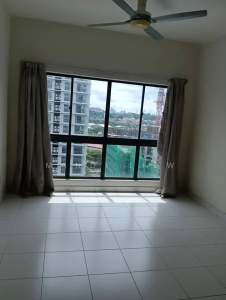 Room features: floor-to-ceiling windows, grey curtains, white walls, ceiling fan, tile flooring, city view, natural light from windows; style: modern; view: city.