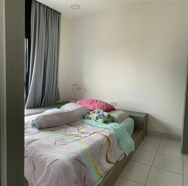 Bedroom features: queen-size bed with colorful bedding, light grey upholstered headboard, white walls, floor-to-ceiling window with sheer curtains, tile flooring, built-in bedside table, decorative throw pillows, blanket draped over bed; style: modern.