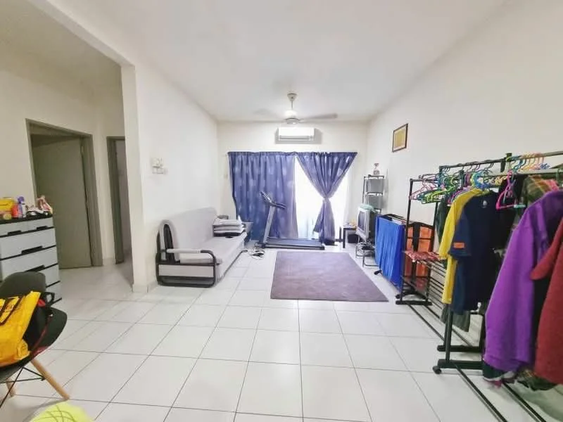 Living features: white painted walls, ceramic tile flooring, 5-blade ceiling fan with light, floor-to-ceiling window with sheer curtains, grey area rug, sofa with fabric upholstery, TV console, clothes rack with hangers, decorative wall art, open space layout; style: modern.
