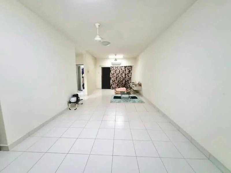 Living features: white painted walls, tile flooring, ceiling fan, recessed lighting, blackout curtains, area rug, coffee table, side table.