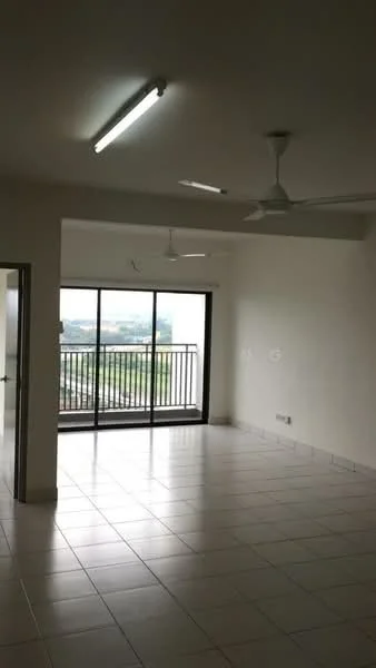 Living features: white painted walls, tile flooring, 2 ceiling fans, large sliding glass door, floor-to-ceiling windows, balcony access, natural light, city view; style: modern; view: city.