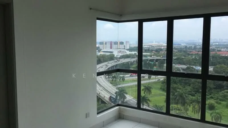 Room features: floor-to-ceiling windows, white painted walls, tile flooring, corner window, city view, greenery view; style: modern; view: city.