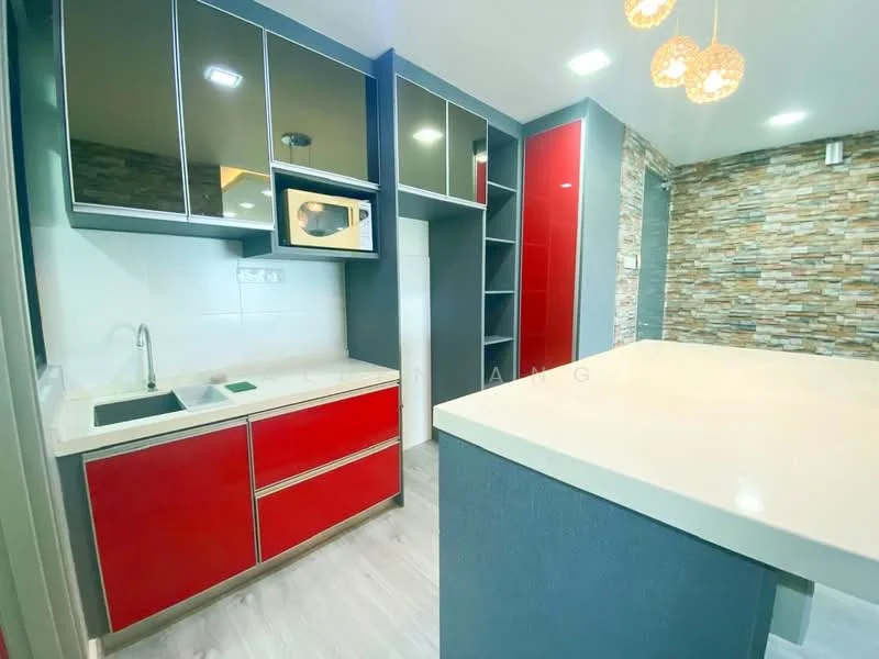 Kitchen features: red high-gloss cabinetry, white countertop, single-bowl stainless-steel sink, chrome pull-down faucet, built-in microwave, stainless-steel range hood, ceramic tile backsplash with stone pattern, open shelving, grey laminate flooring, recessed downlights, pendant lights, island counter; style: modern.
