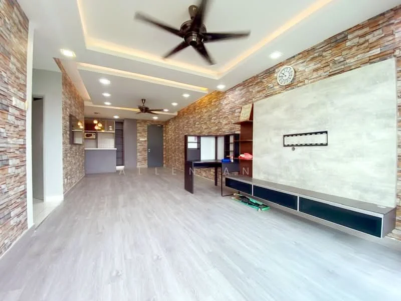 Living features: exposed stone accent wall, light grey painted walls, laminate flooring, 5-blade ceiling fan with light, recessed downlights, built-in TV console, open layout, large windows, decorative wall clock, wall-mounted shelving, kitchenette area visible in background; style: modern.