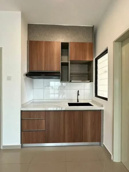 Kitchen features: brown wooden cabinetry, white countertop, single-bowl black sink, black pull-down faucet, white tiled backsplash, built-in range hood, open shelving, drawer storage, window with black frame; style: modern.