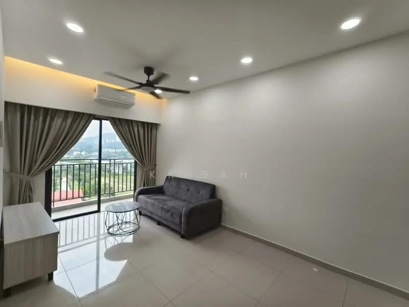 Living features: grey fabric sofa, glass coffee table, wall-mounted split AC, 5-blade ceiling fan with light, recessed downlights, floor-to-ceiling windows, curtains, cream painted walls, tile flooring; style: modern; view: city.