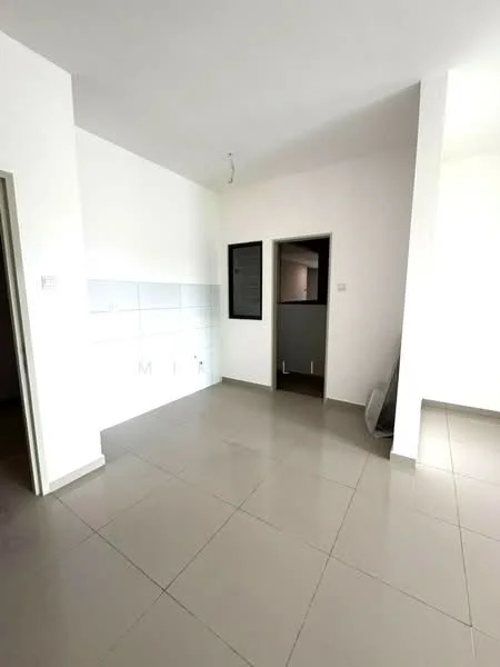 Room features: white painted walls, light grey floor tiles, window with black frame, doorway leading to another room, kitchen area with tiled backsplash, recessed ceiling lights, open layout, no visible furniture; style: modern.