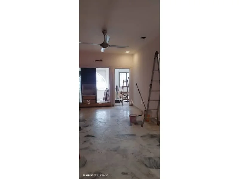 Room features: ceiling fan, light fixtures, unfinished flooring, painted walls, ladder, window, door, wall-mounted cabinetry.