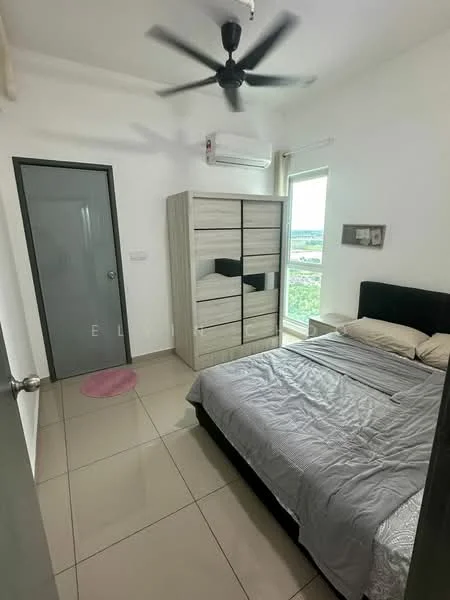 Bedroom features: queen-size bed with grey bedding, upholstered headboard, 2 bedside pillows, built-in wardrobe with sliding doors, light grey walls, white ceiling, 5-blade ceiling fan, floor-to-ceiling window, curtains, tile flooring, air conditioning unit; style: modern; view: garden.