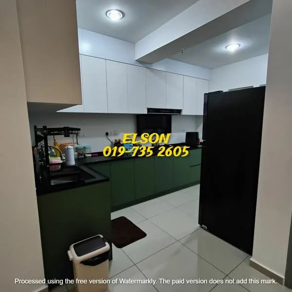 Kitchen features: green cabinetry, white upper cabinets, black countertop, stainless-steel sink, chrome pull-down faucet, built-in oven, freestanding refrigerator, ceramic tile flooring, recessed downlights, wall-mounted kitchen hood, open shelving, kitchen island, microwave, kettle; style: modern.