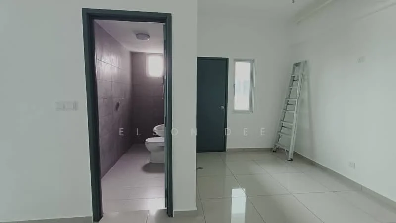 Room features: white painted walls, grey tiled flooring, window with natural light, door leading to bathroom, ladder against the wall, ceiling light fixture; style: modern.