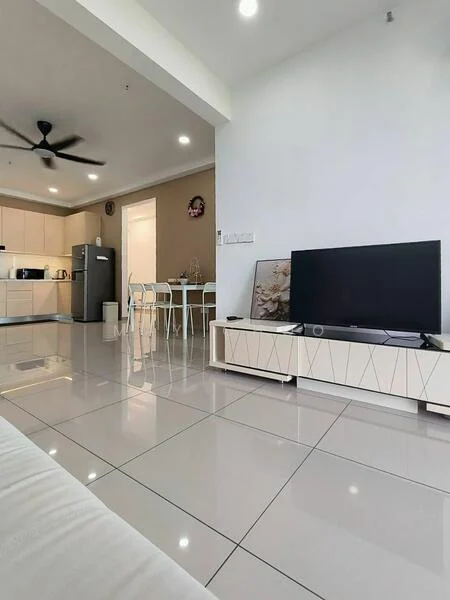 Living features: large flat-screen TV on white TV console, white TV console with geometric design, 3-seater fabric sofa in white, grey tiled flooring, ceiling fan with light, recessed downlights, open layout to kitchen, dining area with white dining table and chairs, wall-mounted artwork, large windows for natural light; style: modern. Kitchen features: stainless-steel fridge, built-in kitchen cabinets, countertop with bar stools, ceramic tile backsplash, microwave, freestanding range oven, sink with faucet, open shelving, light-colored cabinetry; style: modern.