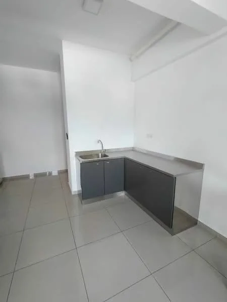 Kitchen features: stainless-steel sink, grey cabinetry, white walls, ceramic tile flooring, countertop with stainless-steel finish, single-bowl sink, wall-mounted faucet, open layout, no visible appliances, natural light from window, minimalist design; style: modern.