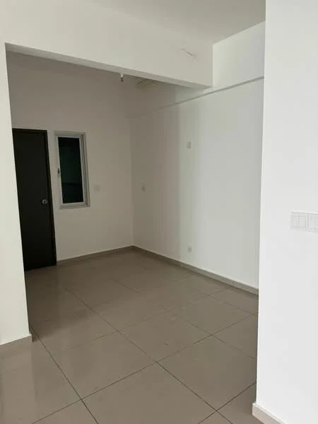 Room features: white painted walls, glossy ceramic tile flooring, single window, door, neutral colour scheme, no visible furniture or decor; style: modern.