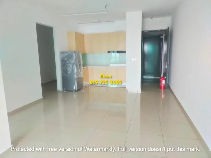 Living features: cream painted walls, glossy tile flooring, kitchenette with wooden cabinetry, stainless-steel fridge, open layout, floor-to-ceiling windows, recessed downlights, fire extinguisher, neutral color scheme; style: modern.