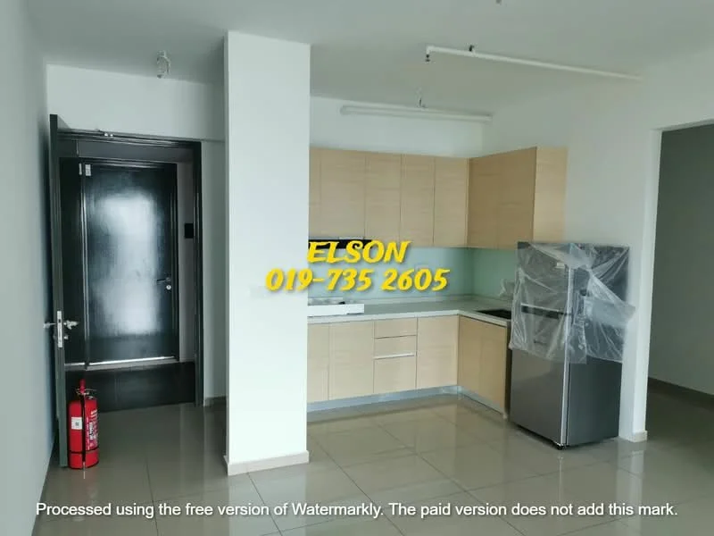 Kitchen features: light wood cabinetry, white countertop, stainless-steel fridge, built-in oven, 4-burner gas hob, single-bowl stainless-steel sink, chrome pull-down faucet, green backsplash, ceramic tile flooring, fire extinguisher, wall-mounted cabinet, open shelving; style: modern.