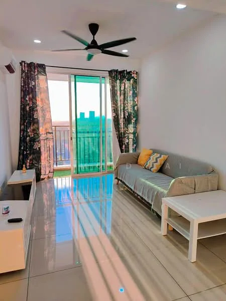 Living features: 3-seater fabric sofa in light grey, white coffee table, TV console, floor-to-ceiling windows, sliding glass door, sheer curtains, blackout curtains, ceiling fan with light, recessed downlights, glossy tile flooring, decorative cushions, wall-mounted TV, decorative wall art; style: modern; view: city.