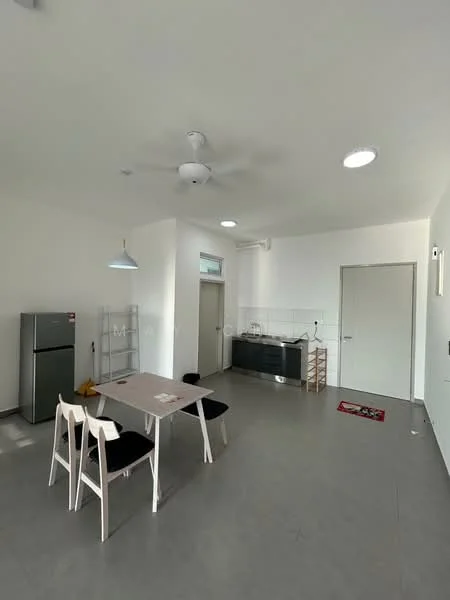 Dining features: dining table with 4 chairs, ceiling fan with light, refrigerator, white walls, grey tiled flooring, window with natural light, light fixture, black sideboard; style: modern.