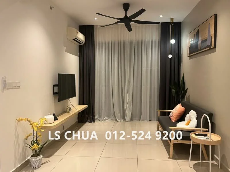Living features: wall-mounted TV, light wood TV console, black fabric sofa, white decorative pillows, ceiling fan, recessed downlights, floor-to-ceiling curtains, cream painted walls, glossy tile flooring, decorative wall art, side table with plant, air conditioning unit; style: modern.