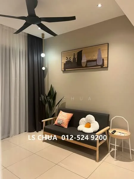 Living features: 3-seater fabric sofa in grey, decorative cushion with flower design, wooden coffee table, ceiling fan with 3 blades, wall-mounted artwork, potted plant, sheer curtains, blackout curtains, recessed downlights, glossy tile flooring, neutral painted walls; style: modern.