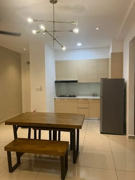 Kitchen features: light wood cabinetry, black countertop, stainless-steel fridge, built-in gas stove, exhaust hood, pendant lighting, dining table, bench seating, white tiled flooring, grey accent wall, recessed lighting; style: modern.