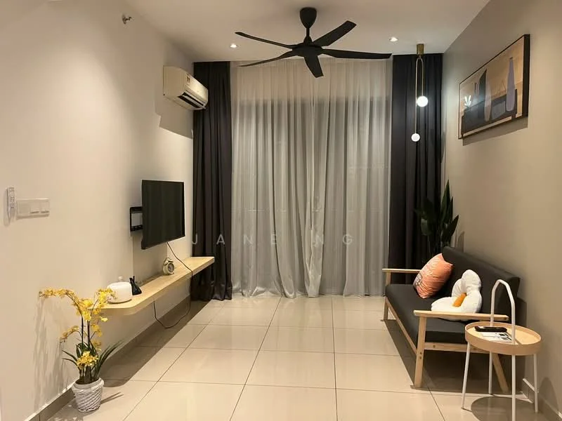 Living features: wall-mounted TV, wooden TV console, 3-seater fabric sofa in black, ceiling fan with light, white sheer curtains, blackout curtains, decorative wall art, potted plant, yellow decorative flowers, ceramic side table, glossy tile flooring, recessed ceiling lights; style: modern.