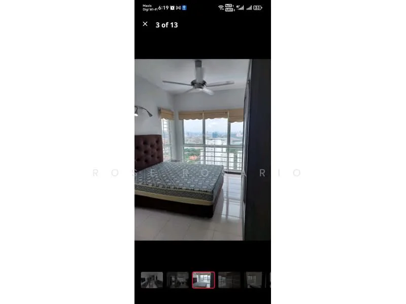 Bedroom features: king-size bed, upholstered headboard, 2 bedside lamps, floor-to-ceiling windows, roller blinds, 5-blade ceiling fan, light-colored walls, tile flooring, decorative wall art; style: modern; view: city.