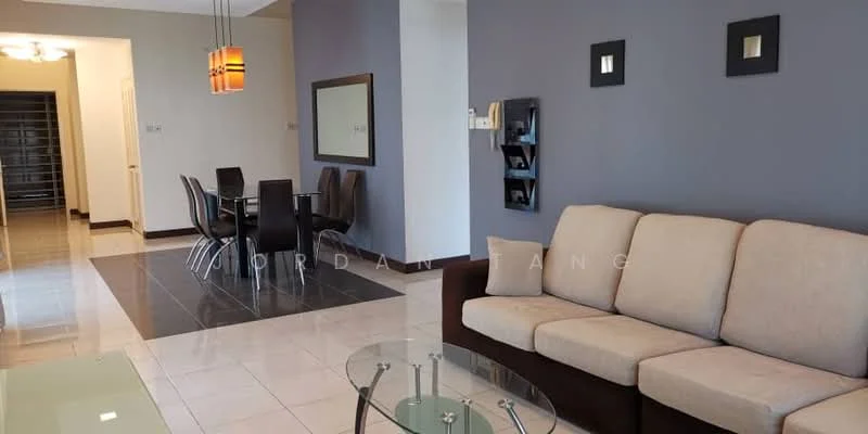 Living features: beige fabric sofa, glass coffee table, black dining table with chairs, grey accent wall, white painted walls, marble tile flooring, recessed downlights, decorative wall shelves, mirror on wall; style: modern.