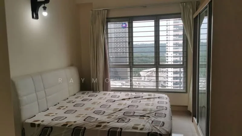 Bedroom features: queen-size bed, upholstered headboard, floor-to-ceiling windows, curtains, light fixture on wall, neutral wall color, tile flooring, city view; style: modern; view: city.