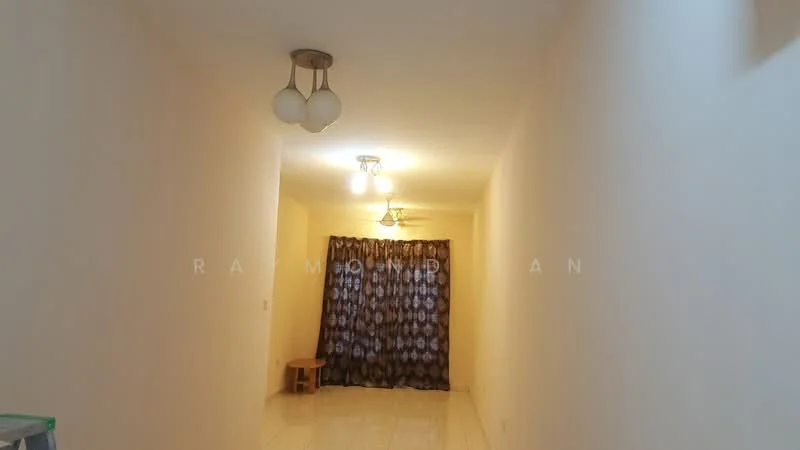 Room features: white painted walls, tile flooring, 3-blade ceiling fan, 2 pendant lights, curtains with geometric pattern, wooden stool, neutral color scheme; style: modern.