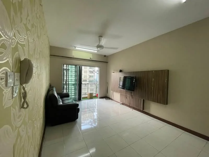 Living features: cream painted walls, white tiled flooring, 5-blade ceiling fan with light, black leather sofa, wall-mounted TV, wooden TV console, floor-to-ceiling sliding glass door, balcony access, decorative wall paneling, natural light from balcony; style: modern; view: city.