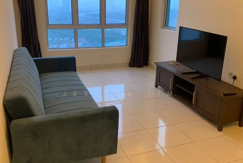 Living features: 3-seater fabric sofa in teal, wall-mounted TV, TV console in dark wood, large windows with city view, floor-to-ceiling windows, cream painted walls, glossy tile flooring, curtains in dark fabric, decorative wall art; style: modern; view: city.