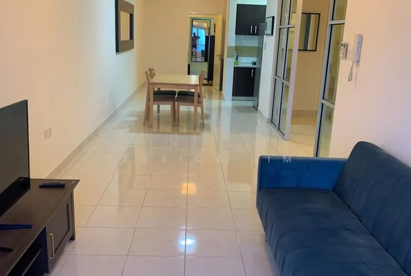 Living features: blue fabric sofa, flat-screen TV on console, white painted walls, glossy tile flooring, dining table with four chairs, recessed lighting, mirror on wall, open layout to kitchen, glass sliding door, kitchen visible in background; style: modern.