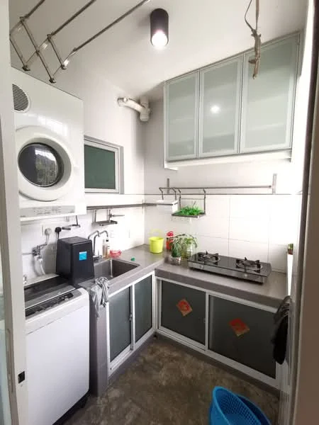 Kitchen features: stainless-steel sink, chrome faucet, gas stove with two burners, white washing machine, grey cabinetry with glass fronts, white tiled backsplash, concrete flooring, overhead lighting, open shelving, greenery in pot; style: modern.