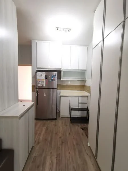 Kitchen features: white cabinetry with flat-panel doors, stainless-steel fridge, laminate countertop, tile backsplash, wood-look laminate flooring, single-bowl stainless-steel sink, chrome pull-down faucet, built-in oven, under-cabinet lighting, open shelving, kitchen island with storage, recessed ceiling lights; style: modern.