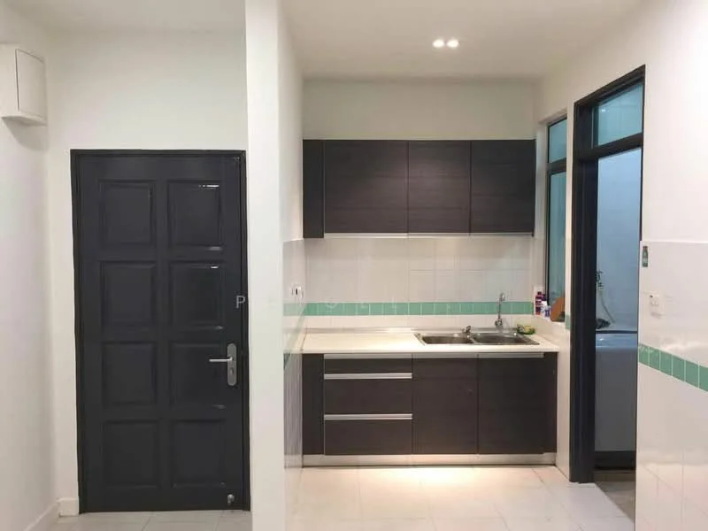 Kitchen features: dark wood cabinetry, white countertop, single-bowl stainless-steel sink, chrome pull-down faucet, white tiled backsplash, built-in oven, ceramic tile flooring, recessed downlights, window with black frame, green accent tiles, door with black paneling; style: modern.