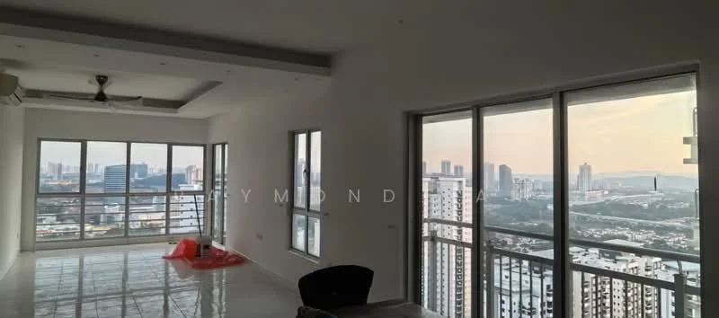 Living features: floor-to-ceiling windows, white painted walls, polished concrete flooring, 5-blade ceiling fan, open layout, city skyline view, recessed downlights, balcony access; style: modern; view: city.