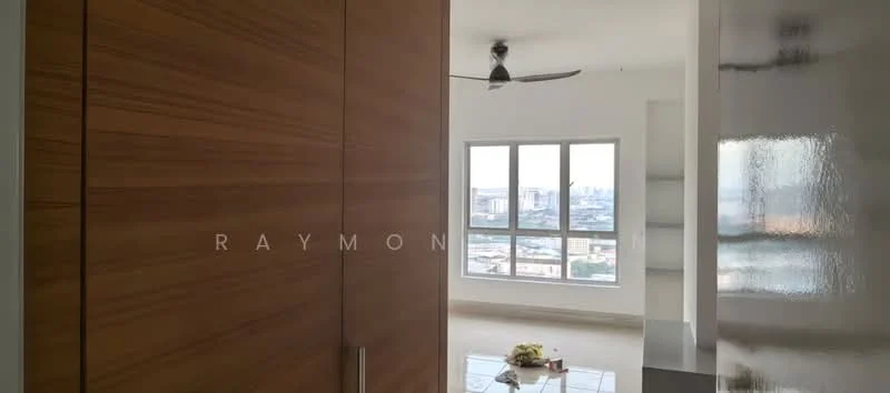 Room features: wooden wardrobe with sliding doors, large windows with city view, ceiling fan, neutral wall color, light-colored flooring, natural light from windows, minimalist decor, open space layout; style: modern; view: city.