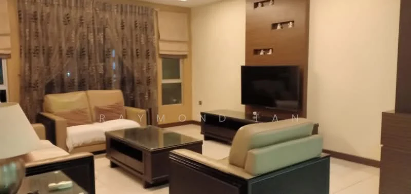 Living features: 3-seater fabric sofa in beige, 2-seater leather sofa, glass coffee table, TV console, wall-mounted TV, decorative wall with recessed lighting, curtains with patterned design, tile flooring, wall with light-colored paint, built-in shelving unit; style: modern.