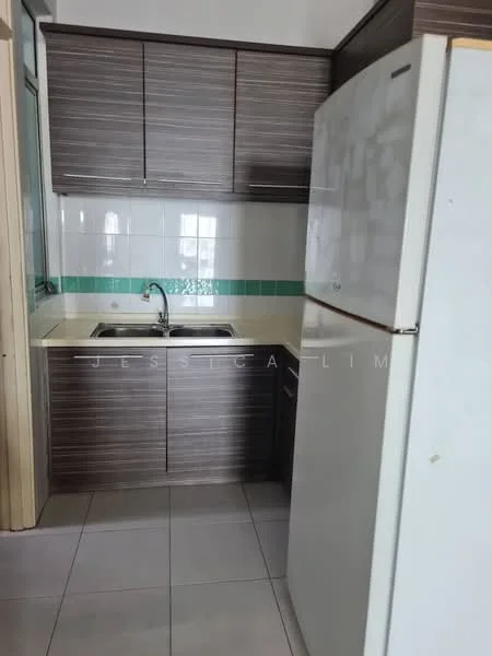 Kitchen features: laminate cabinetry in dark wood, white countertop, single-bowl stainless-steel sink, chrome pull-down faucet, white fridge, ceramic tile backsplash with green accent, grey ceramic tile flooring, wall-mounted cabinets, under-cabinet lighting; style: modern.