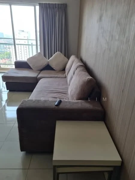 Living features: L-shape sectional sofa in brown fabric, two decorative cushions, coffee table with metal legs, floor-to-ceiling windows, curtains, wall with wood paneling, glossy tile flooring, remote control on table; style: modern; view: city.