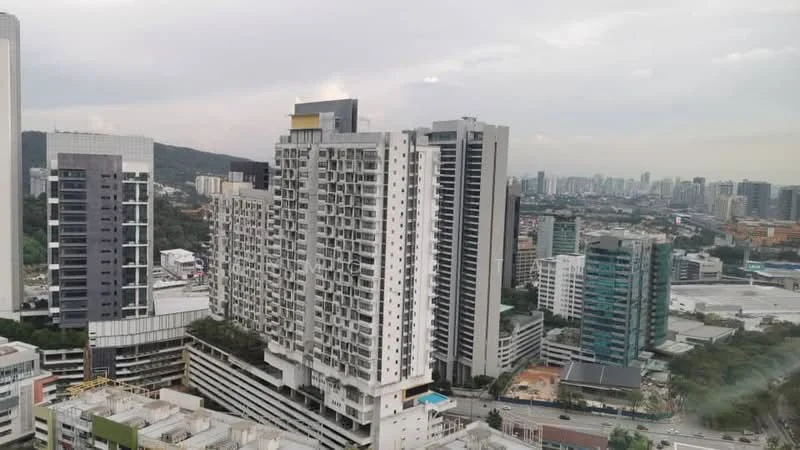 Exterior type: high-rise condominium; features: glass curtain wall, concrete facade, recessed balconies, surrounded by urban landscape, multiple storeys, city skyline in background; style: modern.