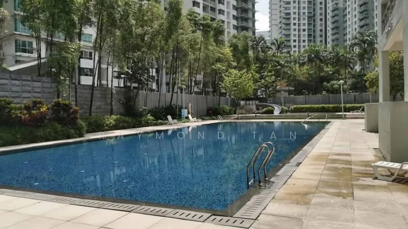 Exterior type: swimming pool deck; features: infinity pool, pool deck with loungers, surrounded by landscaped gardens, tropical landscaping with palm trees, concrete poolside, metal handrails, water feature, paved walkway, greenery along the perimeter; style: modern.