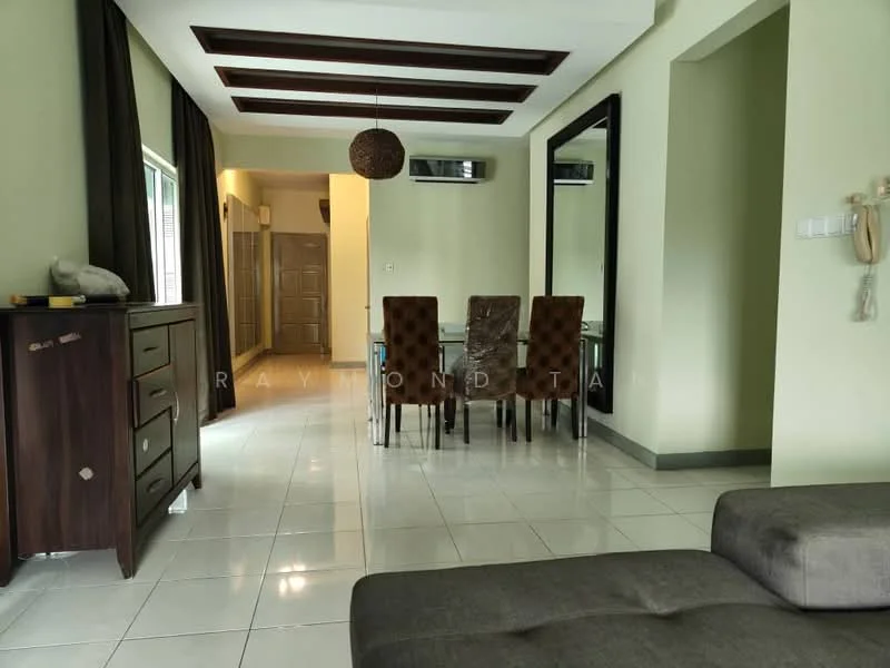 Living features: cream painted walls, white ceiling with exposed beams, tile flooring, 5-blade ceiling fan, large window with sheer curtains, dark wood sideboard, grey fabric sofa, dining table with 6 upholstered chairs, decorative pendant light, mirror on wall; style: modern.