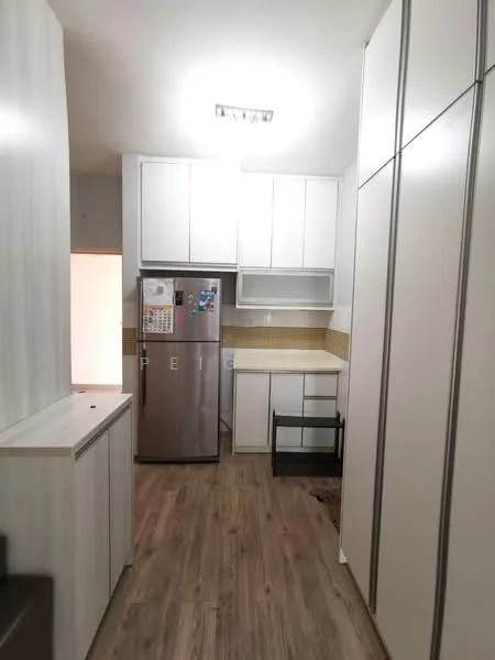 Kitchen features: white shaker cabinets, stainless-steel fridge, laminate countertop, tile backsplash, wood-look laminate flooring, built-in oven, single-bowl stainless-steel sink, chrome pull-down faucet, open shelving, under-cabinet lighting, wall-mounted cabinets, drawer storage; style: modern.