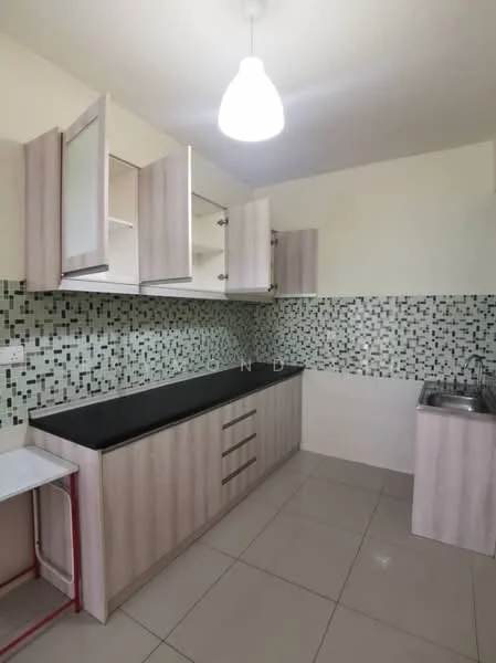 Kitchen features: light wood cabinetry, black countertop, mosaic tile backsplash in green and white, stainless-steel sink, single-bowl sink, overhead cabinets, under-cabinet lighting, ceramic tile flooring, ceiling light fixture; style: modern.