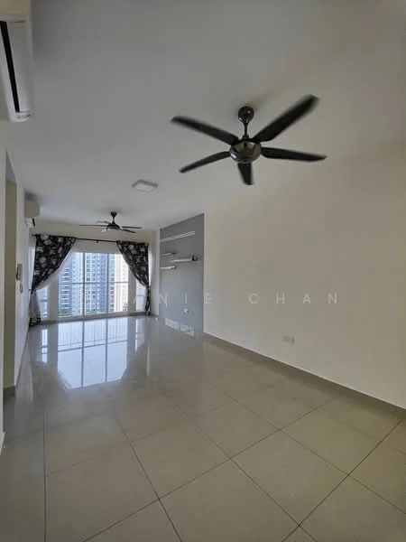 Living features: glossy ceramic tile flooring, white painted walls, 5-blade ceiling fan with light, floor-to-ceiling windows, curtains with floral pattern, recessed downlights, open layout, neutral color scheme; style: modern; view: city.